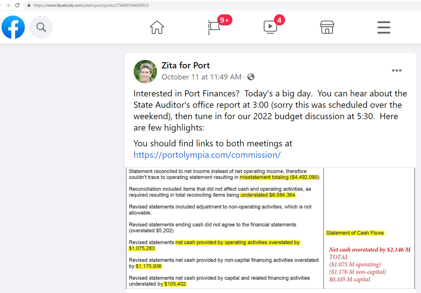 Port of Olympia Commissioner E.J. Zita posted this comment over a comment on Facebook on Mon., Oct. 11, 2021